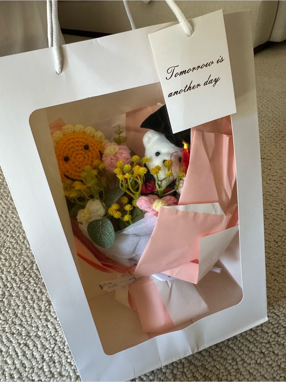 Plush & Crochet Flower Gift Bouquet - Pink, Yellow, White graduation